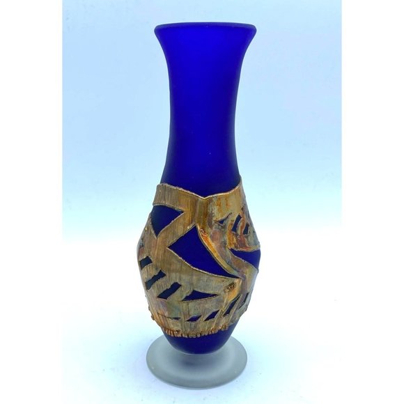 Signed Handblown Cobalt Blue Frosted Art Glass with Golden Metal Wrap Around Dec - Picture 1 of 8